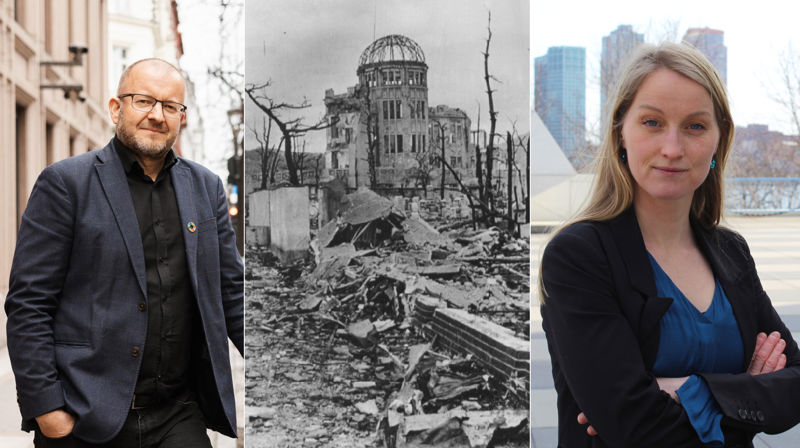 Til venstre: Einar Tjelle, generalsekretær i Mellomkirkelig råd. I midten: Ruinene av Genbaku-domen fra oktober 1945, som i dag er bevart som minnesmerke. Foto: Shigeo Hayashi. Til høyre: Tuva Krogh Widskjold, koordinator i ICAN Norge