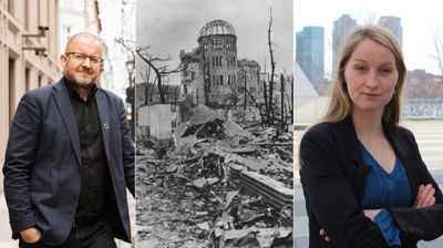 Til venstre: Einar Tjelle, generalsekretær i Mellomkirkelig råd. I midten: Ruinene av Genbaku-domen fra oktober 1945, som i dag er bevart som minnesmerke. Foto: Shigeo Hayashi. Til høyre: Tuva Krogh Widskjold, koordinator i ICAN Norge