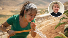 Foto: Kirkens Nødhjelp. 15 år gamle Rachelle El Debs. Området hun bor i har vært uten vann i 40 år, men takket være midler fra Kirkens Nødhjelps fasteaksjon har landsbyen fått tilgang til rent vann. Innfelt: Sogneprest Kristine Aksøy.