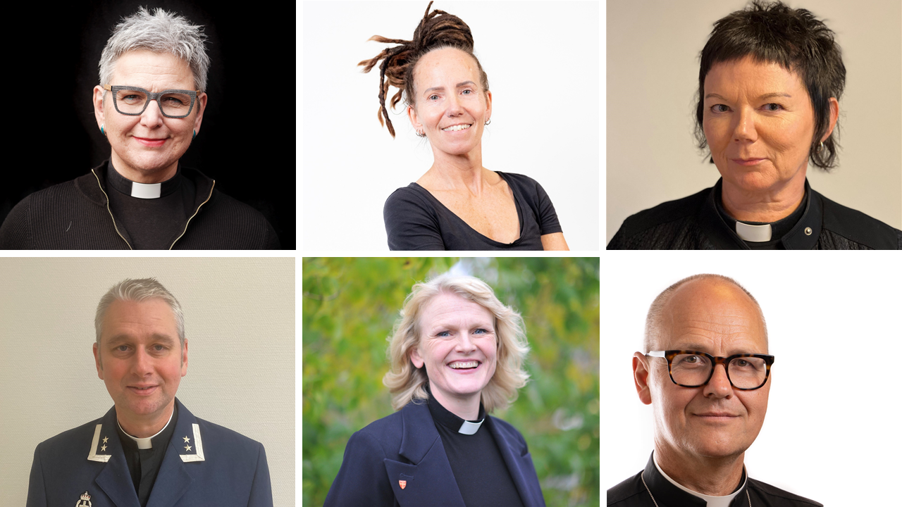 Det er seks kandidatar til å verte biskop i Bjørgvin bispedøme. Stephanie Dietrich (foto: Erlend Berge), Sunniva Gylver (foto: Harald Bø),  Ragnhild Jepsen, Nils Terje Lunde (foto: Forsvaret), Kjersti Gautestad Norheim (foto: Gyrid Cecilie Nygaard) og Gudmund Waaler.