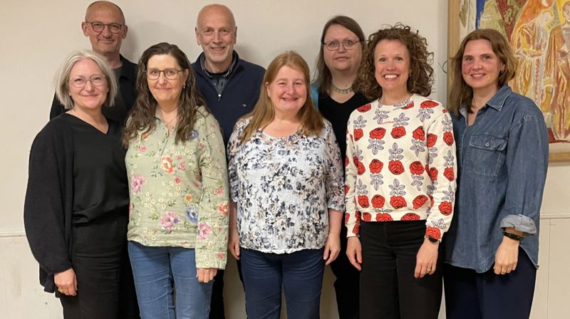 FBHO-styret i Majorstuen kirke, mai 2026. F.h.: Anne Berit Evang, Thomas Berbom, Sissel Håve Smørvik, Tor Øystein Vaaland (styreleder), Grete Beate Lønne, Eldrid Brekke, Elise Gillebo Skredsvig og Ann-Kathrin Fjøren Kasbo.