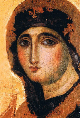 Utsnitt av "Maria Advocata". Senantikk tretavle, 42,5 x 71,5 cm. Santa Maria del Rosarioklosteret, Roma.