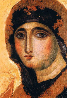 Utsnitt av "Maria Advocata". Senantikk tretavle, 42,5 x 71,5 cm. Santa Maria del Rosarioklosteret, Roma.