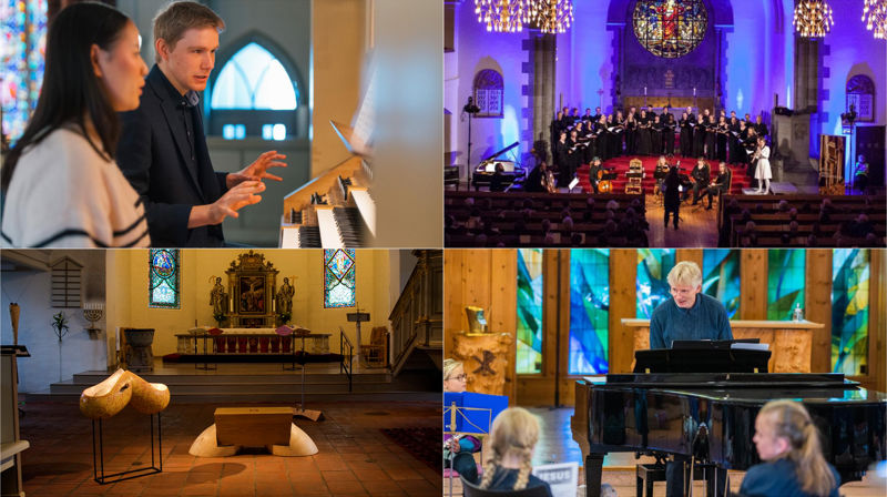 Kirkens kunst- og kulturtilbud er mangfoldig! Orgelundervisning i Bragernes kirke, foto: Torstein Kiserud | Det norske pikekor i Frogner kirke, foto: Laila Meyrich | Påskeutstilling i Nøtterøy kirke, foto: Tollef Thorsnes | Kor- og korpsøvelse i Ås arbeidskirke, foto: Torstein Kiserud
