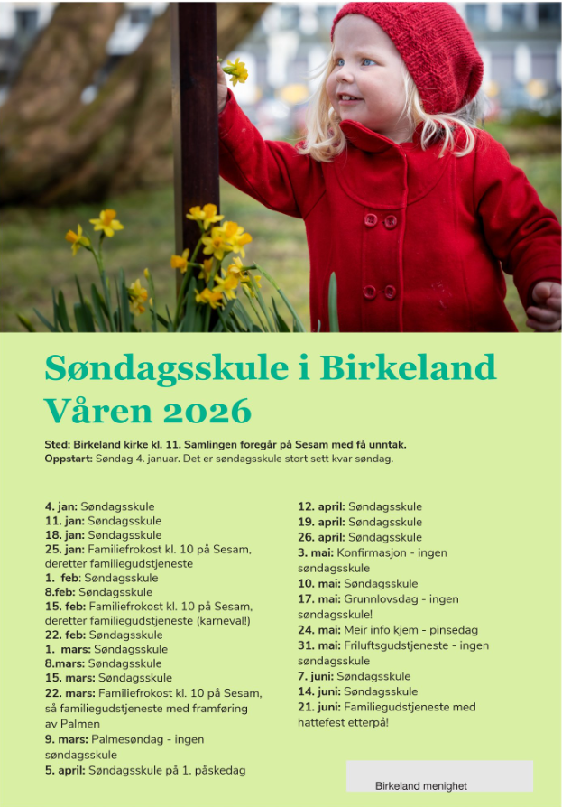 Velkommen på søndagsskole i Birkeland våren 2026