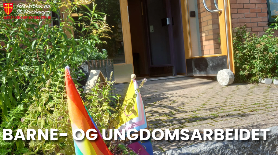 Bilde av inngangspartiet til Lovisenberg menighetshus med tekst "barne- og ungdomsarbeidet"