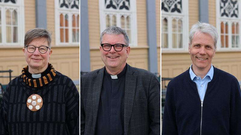 Tre kandidater til biskop i Nord-Hålogaland bispedømme: Anne B. Skoglund, Stig Lægdene, Gaute Norbye. Foto: Den norske kirke.