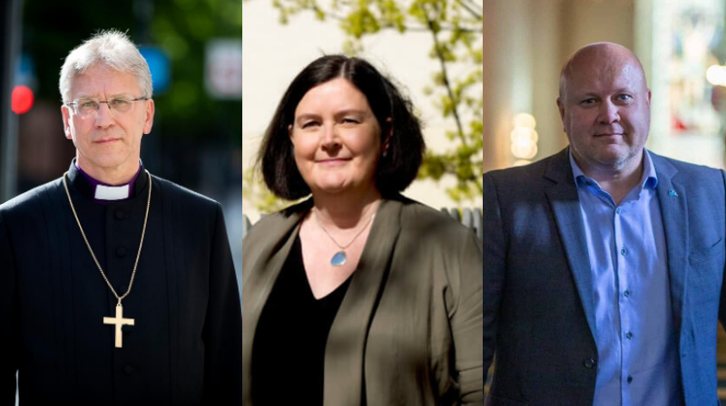 Preses i Den norske kirke, Olav Fykse Tveit; generalsekretær i Samarbeidsrådet for Tros- og livssynssamfunn, Ingrid Rosendorf Joys; generalsekretær i Norges kristne råd, Erhard Hermansen.