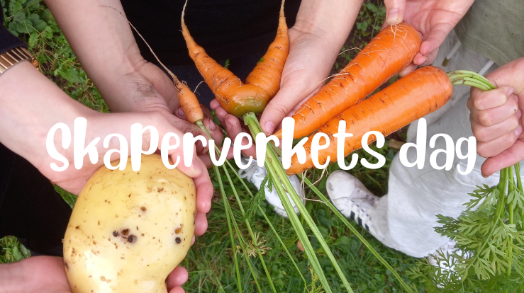 Barnehender som holder potet og gulrøtter som er plukket med teksten Skaperverkets dag over.