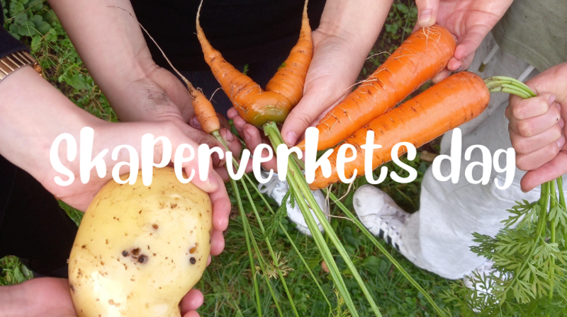 Barnehender som holder potet og gulrøtter som er plukket med teksten Skaperverkets dag over.