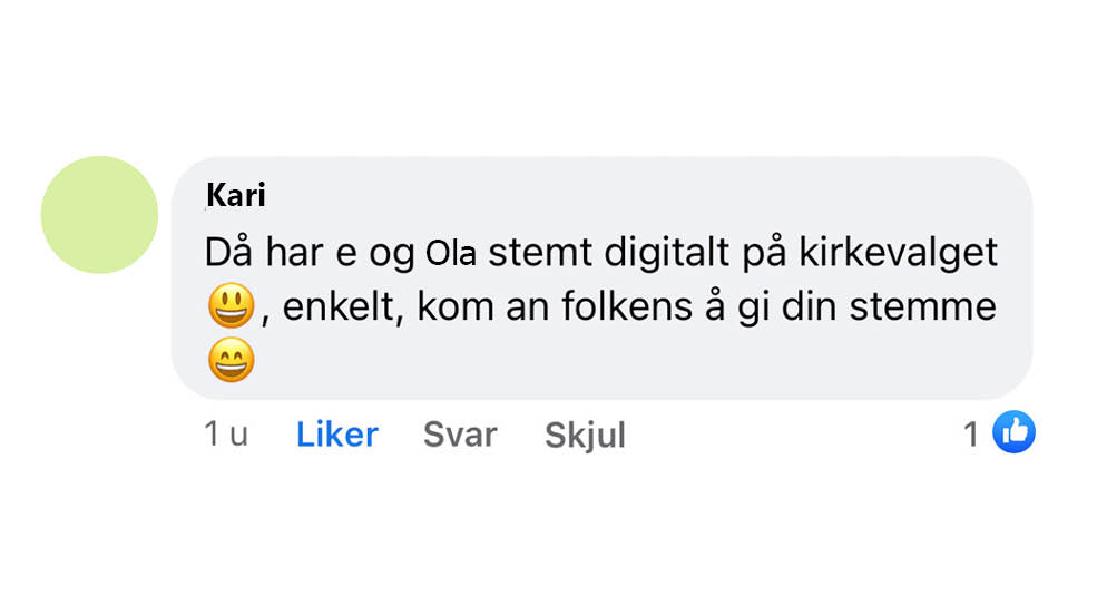 Skjermbilde av en av de mange kommentarene i Den norske kirkes kommentarfelt. (Navnene i meldingen er endret)