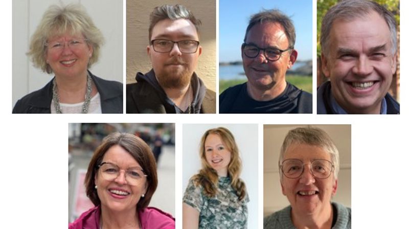 Fra venstre øverst: Lill Tone Grahl-Jacobsen (Åpen folkekirke), Sebastian Kaltoft Hansen (Nominasjonskomiteens liste), Petter Holm (Åpen folkekirke), Jo Hedberg (Bønnelista og Frimodig kirke (listesamarbeid). Fra venstre nederst: Gunnbjørg Furuset (Nominasjonskomiteens liste), Inga Stoveland Dekko (Åpen folkekirke) og Anne Gerd Jorde (Nominasjonskomiteens liste)