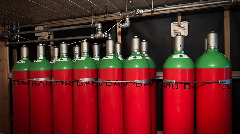 Gassflasker med slokkegass i Ljørdalen kirke. Foto: Marianne Fjelltveit