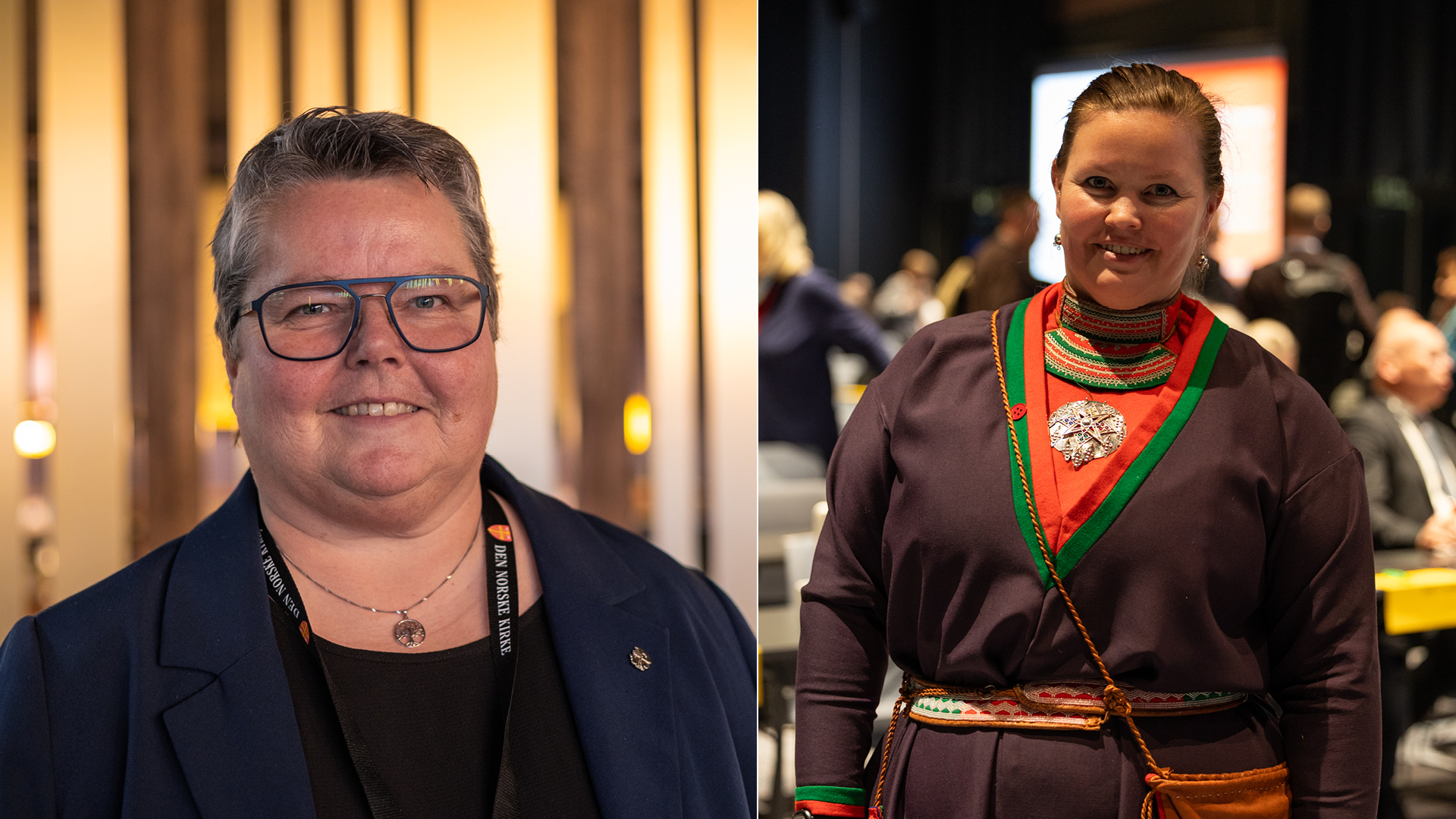 Kristine Sandmæl (t.v.) er gjenvalgt som leder i Mellomkirkelig råd og gjenvalgt leder av Samisk kirkeråd May Bente Anita Jønsson (t.h). (Foto: Heidi Olsen/Den norske kirke)