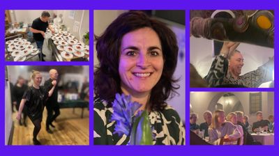 Fra venstre kokken Ronny Myren danderer desserten, frivillig Stefania Gemignani, Mona Wagnildhaug, Vår Frue kirke, kirkemusiker Line Tandberg og menighetsforvalter/kirkemusiker Øyvind Arnesen og studentene Elise Flaathe Johansen og Oda Selbæk Bergjord.