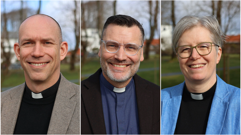 En av disse blir ny biskop i Stavanger bispedømme: Tor Magne Nesvik, Vidar Mæland Bakke, Karen Margrete Mestad.