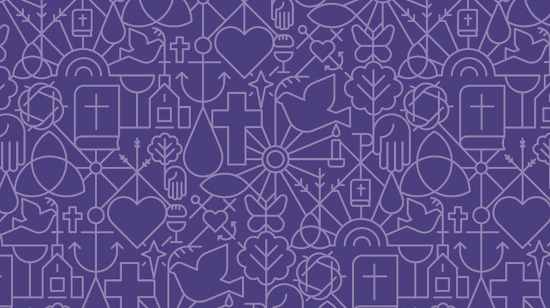 Kirkens mønster med mange små elementer som kors, hjerte, vanndråpe med mer.