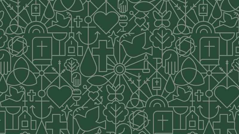 Kirkens mønster med mange små elementer som kors, hjerte, vanndråpe med mer.