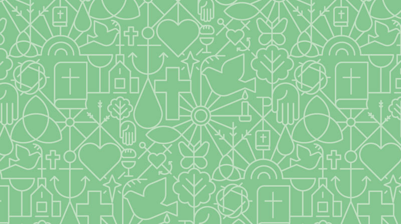 Kirkens mønster med mange små elementer som kors, hjerte, vanndråpe med mer.