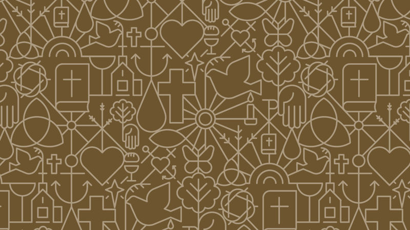 Kirkens mønster med mange små elementer som kors, hjerte, vanndråpe med mer.