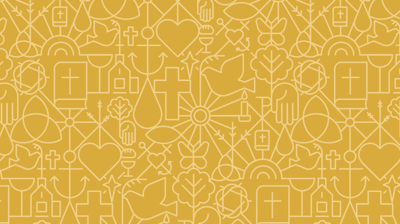 Kirkens mønster med mange små elementer som kors, hjerte, vanndråpe med mer.