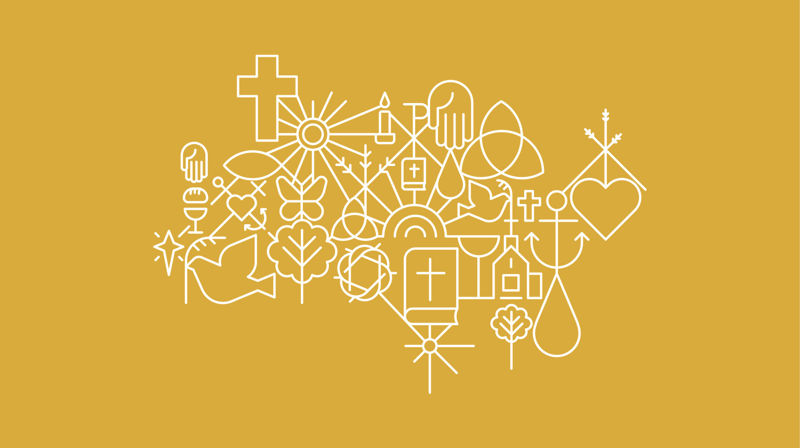 Kirkens mønster med mange små elementer som kors, hjerte, vanndråpe med mer.