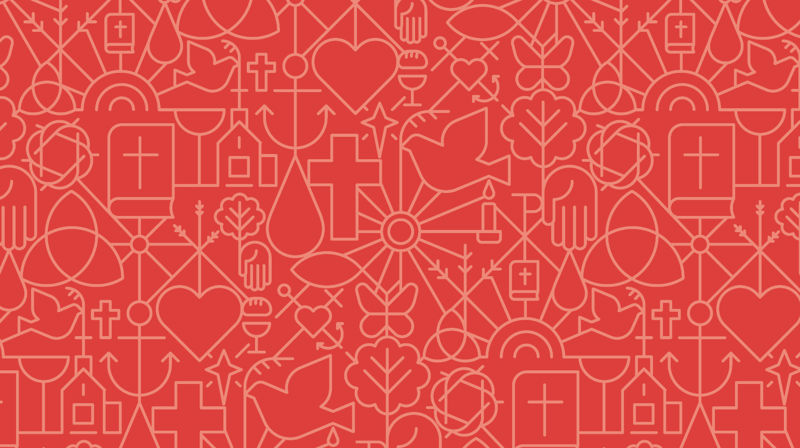 Kirkens mønster med mange små elementer som kors, hjerte, vanndråpe med mer.