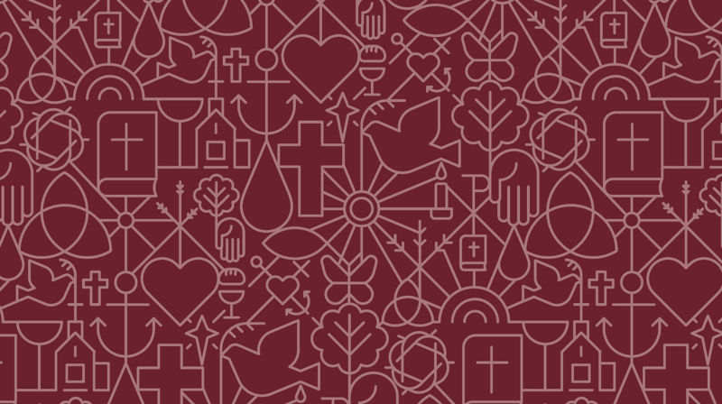 Kirkens mønster med mange små elementer som kors, hjerte, vanndråpe med mer.