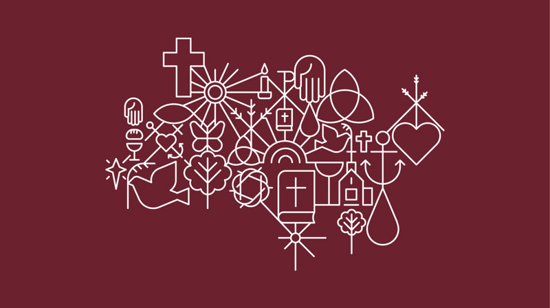 Kirkens mønster med mange små elementer som kors, hjerte, vanndråpe med mer.