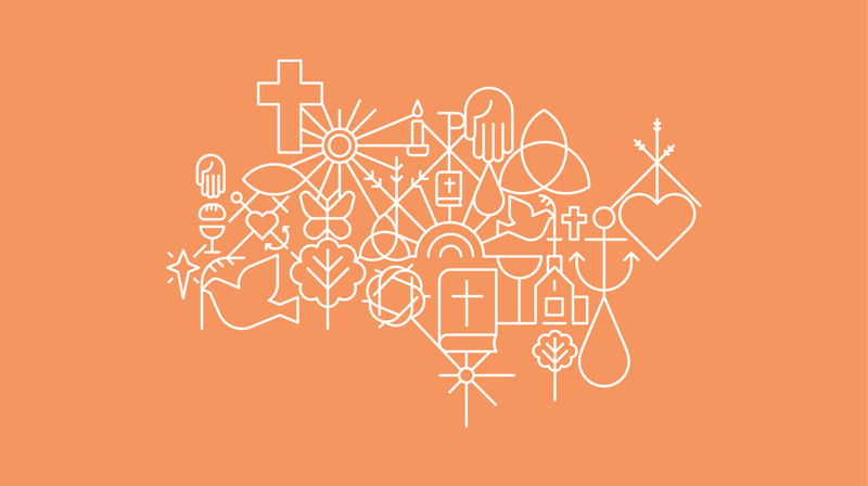 Kirkens mønster med mange små elementer som kors, hjerte, vanndråpe med mer.
