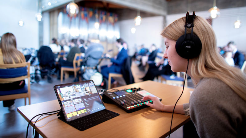 Kvinne styrer strømmingen av en gudstjeneste. Hun sitter ved en skjerm og styrer en miksepult.