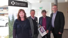 Tone Klev Furnes fra Agder og Telemark bispedømmeråd, Øistein Garcia de Presno, biskop Stein Reinertsen og Lars Dahle fra NLA Gimlekollen under seminaret om Hauge og Luther. (Foto: Dag Kvarstein).