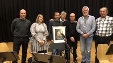 Frå utdelinga av diakoniprisen, frå venstre: Tor Helge Midtbø, Kristin Kleiv, Jan Gunnar Haugen, Oscar J. Garnes (leiar i Diakonatet), Jan Arild Ålandslid og Vidar Magnushommen.