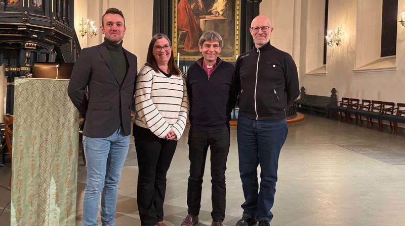 Femti kirkemusikere var samlet i domkirken 15. januar for å lytte til og bli inspirert av Mathias Gillebo, Grete Hasselgård Sele, biskop Stein og Tim Harry Blomberg. Foto: Vanja Grut