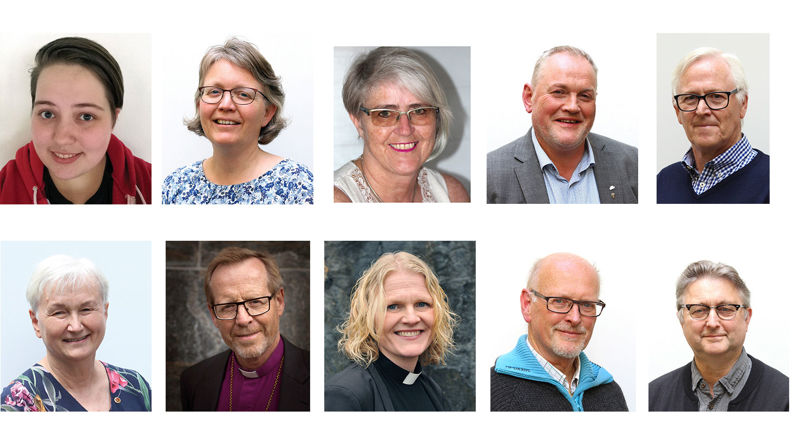 Det nye bispedømerådet i Bjørgvin. Oppe frå venstre: Nora Sætre Baartveit, Turid Fjose, Astrid Fylling, Per Hilleren, Karl Johan Kirkebø, Oddny Irene Miljeteig, Halvor Nordhaug, Kjersti Gautestad Norheim, Stein Oltedal, Vemund Atle Øiestad.