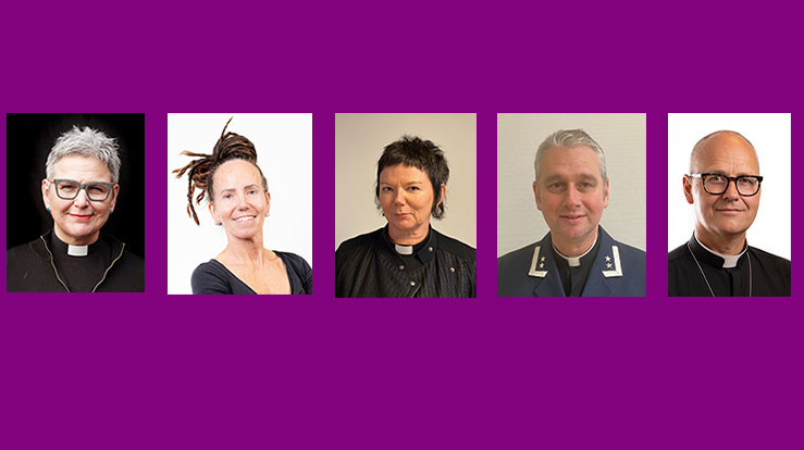 Bispedømerådet har nominert følgjande kandidatar til å bli biskop (f.v.): Stephanie Dietrich (foto: Erlend Berge), Sunniva Gylver (foto: Harald Bø), Ragnhild Jepsen, Nils Terje Lunde (foto: Forsvaret) og Gudmund Waaler.