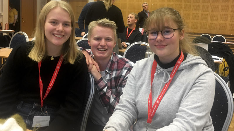 Delegatene fra Hamar fv. Louise Knutsen, Magnus Kessel og Matilde Ødegaard. De har jobbet spesielt med en sak om gudstjenester i konfirmasjonstida.