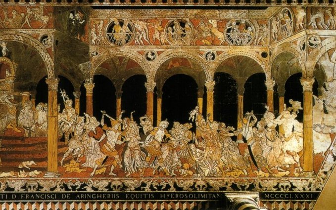 «Barnemordet», detalj, pavimento, Duomo di Siena, ca 1350-1500. Fra marmorgulvet med mangefarget marmor-mosaikk, også kalt «visdommens gulv», fordi det for det meste er bygget opp over forskjellige aspekter av visdom, noe de var opptatt av i renessansen, med bl. a. vismenn og sibyller.  Et unntak er scenen med barnemordet, som skal symbolisere frigjøringen av Siena, der arkitekturen i bakgrunnen er fra Siena.