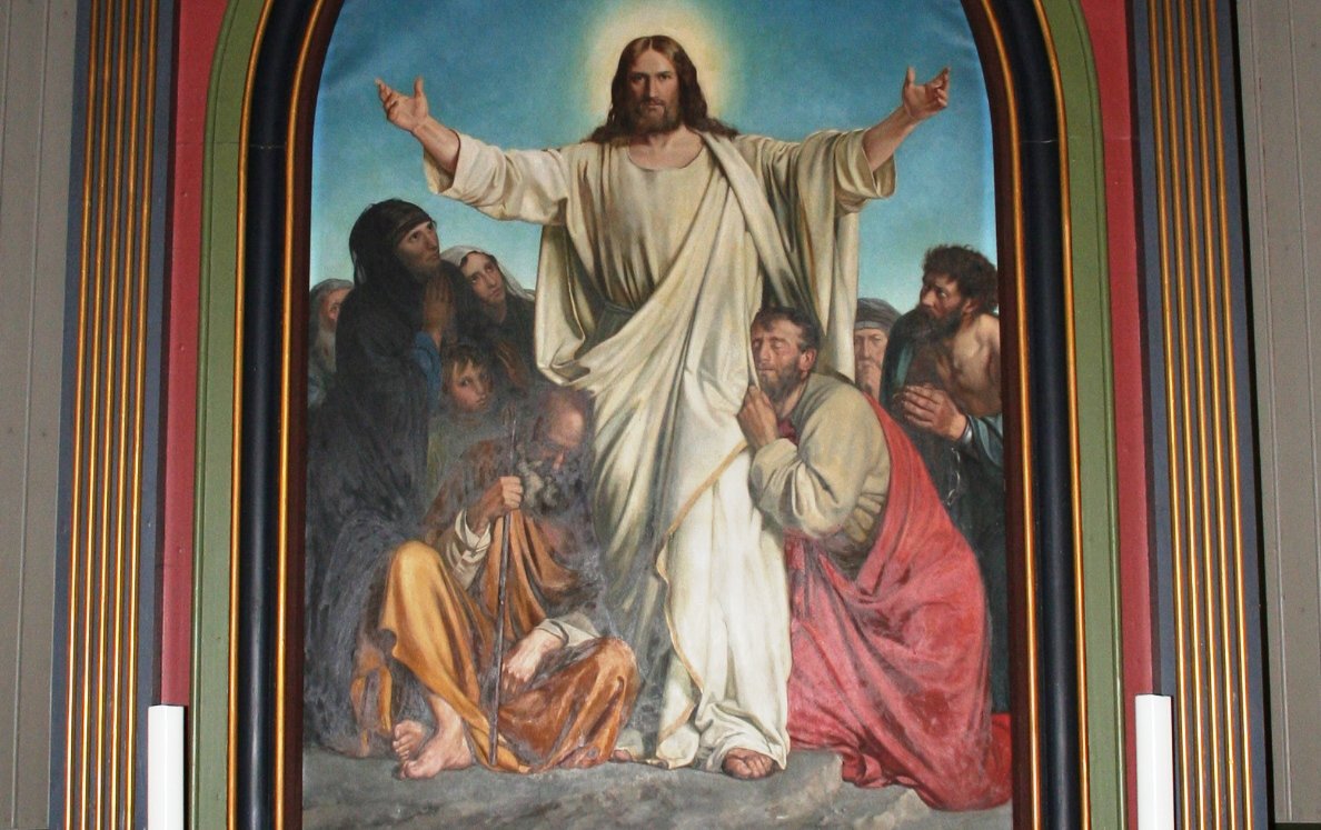 Fra altertavlen i Sand kirke i Nord-Odal som har en kopi av Carl Blochs bilde Christus Consolator. (Trøsteren)