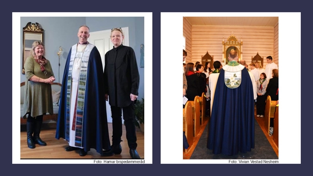 Den nye reisebispekåpen til biskopen i Hamar ble overlevert 22. november. Fv. leder av Hamar bispedømmeråd Kjersti Drtina Øversveen, biskop Ole Kristian Bonden, klesdesigner Anita Eriksen Zagury. Bildet til høyre er fra visitasgudstjenesten i Engerdal kirke søndag 24. november. Foto: Hamar bispedømmeråd og Vivian Vestad Nesheim.