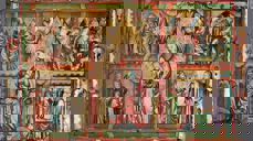 Bilde av et godt bevart antemensale fra første halvpart av 1300-tallet, som en kan se i Tresfjord kyrkje. Sentralfeltet viser Maria med Jesusbarnet, med engler med røkelseskar over. Foto: Martinus Løvik