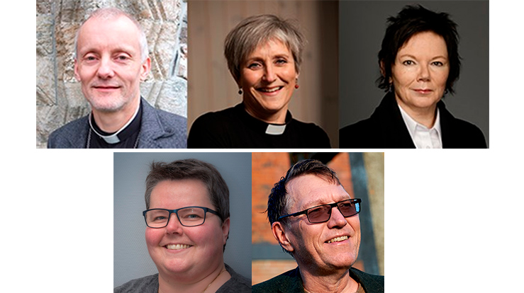 Kandidater til ny biskop i Nidaros. Øverst fra venstre: Nils Åge Aune, Herborg Oline Finnset, Ragnhild Jebsen, Kristine Sandmæl og Dagfinn Thomassen.