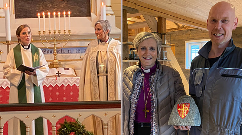 Biskop Herborg rakk såvidt å komme i gang med bispevisitasen i Åsen, før hun måtte avbryte. Til venstre fra åpningsgudstjenesten i Åsen kirke sammen med sokneprest Kristin Mørreaune Bentzen. Til høyre fra besøket ved Torgard monument, hvor steinhogger Øyvind Evenhus viste frem bedriften og hadde en selvlaget gave til biskopen med kirkens våpen på. (Begge foto: Magne Vik Bjørkøy)