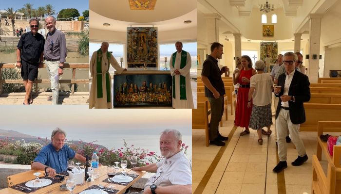 Glimt fra Jordan: Sjømannsprest Leif Magne Helgesen og Knut Kittelsaa ved alteret etter gudstjeneste og nede ved Jordanelva. I tillegg ser vi her et bilde tatt etter gudstjenesten i september med den norske ambassadøren og nordmenn i Jordan.