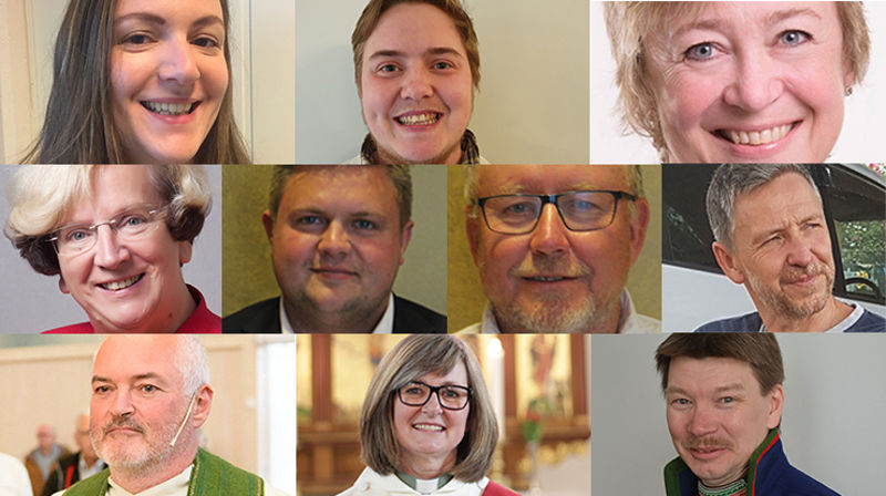 Nidaros bispedømmeråd 2019-2023. Øverst fra venstre: Agnes Sofie Gjeset, Alex Ramstad Døsvik og Grete Bækken Molland. Andre rekke fra venstre: Brit Skjelbred, Arvid Kvernmo Pedersen, Erik Seem og Kolbjørn Lie. Nederst fra venstre: John Henrik Gulbrandsen, Marta Garborg Bergslid og Bjørn Thomas Åhren.