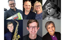 Mange deltar for å løfte salmesangen under den felleskirkelige salmekvelden i Vår Frue kirke, mandag 13. januar. Øverst fra venstre: Dag Heggset, Svein Tonstad, Sissel Tonstad og Karoline Barbøl. Nederst til venstre: Arild Stav, Knut Størdal og biskop Herborg Finnset.