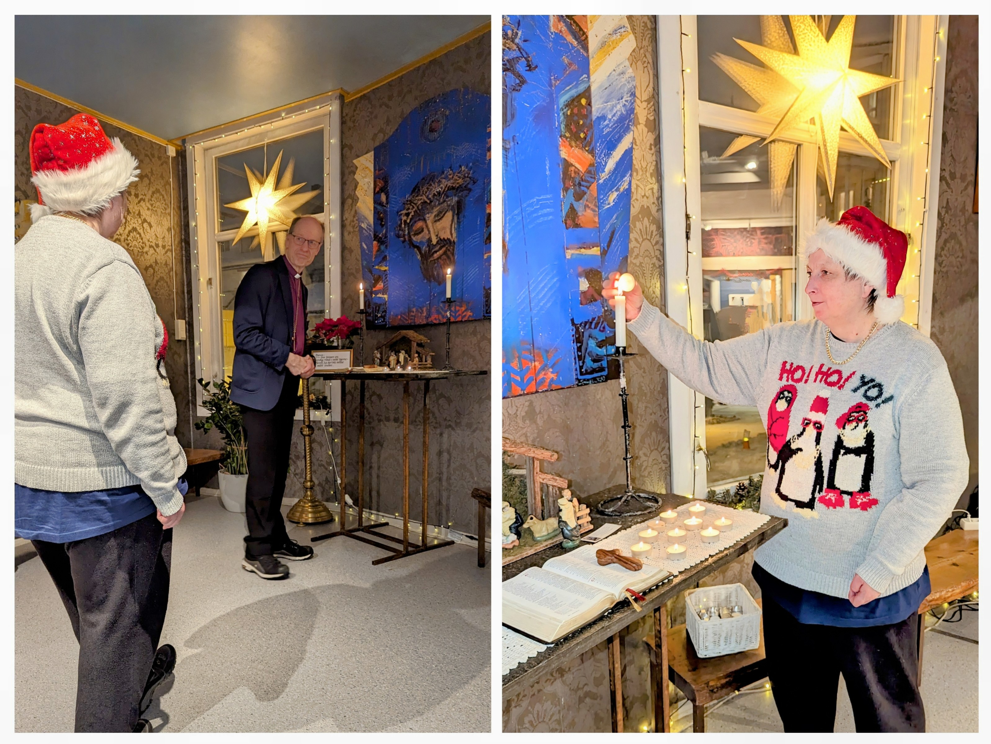 Kirkens Bymisjons Astrid Hansen og biskop Olav &#216;ygard tenner lys under andakten. Foto: Nord- H&#229;logaland bisped&#248;mme