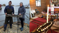 Smeden i Sund, Tor-Vegard Mørkved og kirkeverge Lisbeth Eriksen ved den "nysmidde" lysbåten.