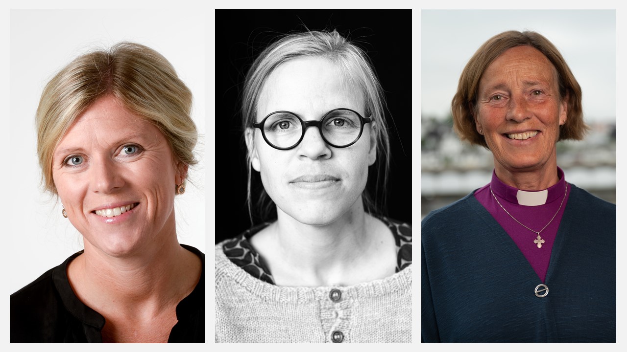 (F.v.) Camilla Bjørheim frå Aftenbladet, Åste Dokka frå Vårt Land og biskop Anne Lise Ådnøy har innlegg på samlinga. Foto av Åste Dokka: Erlend Berge