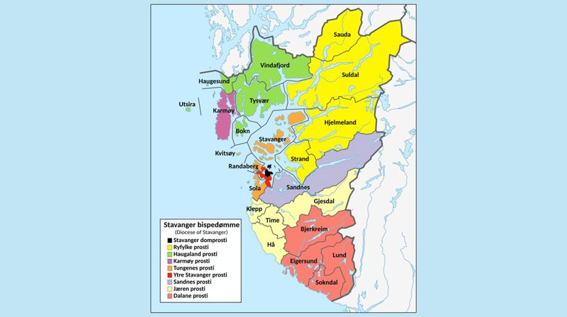 En bredt sammensatt arbeidsgruppe foreslår å redusere antall prostier fra ni til sju. Bildet viser dagens prostigrenser. Illustrasjon: Wikipedia